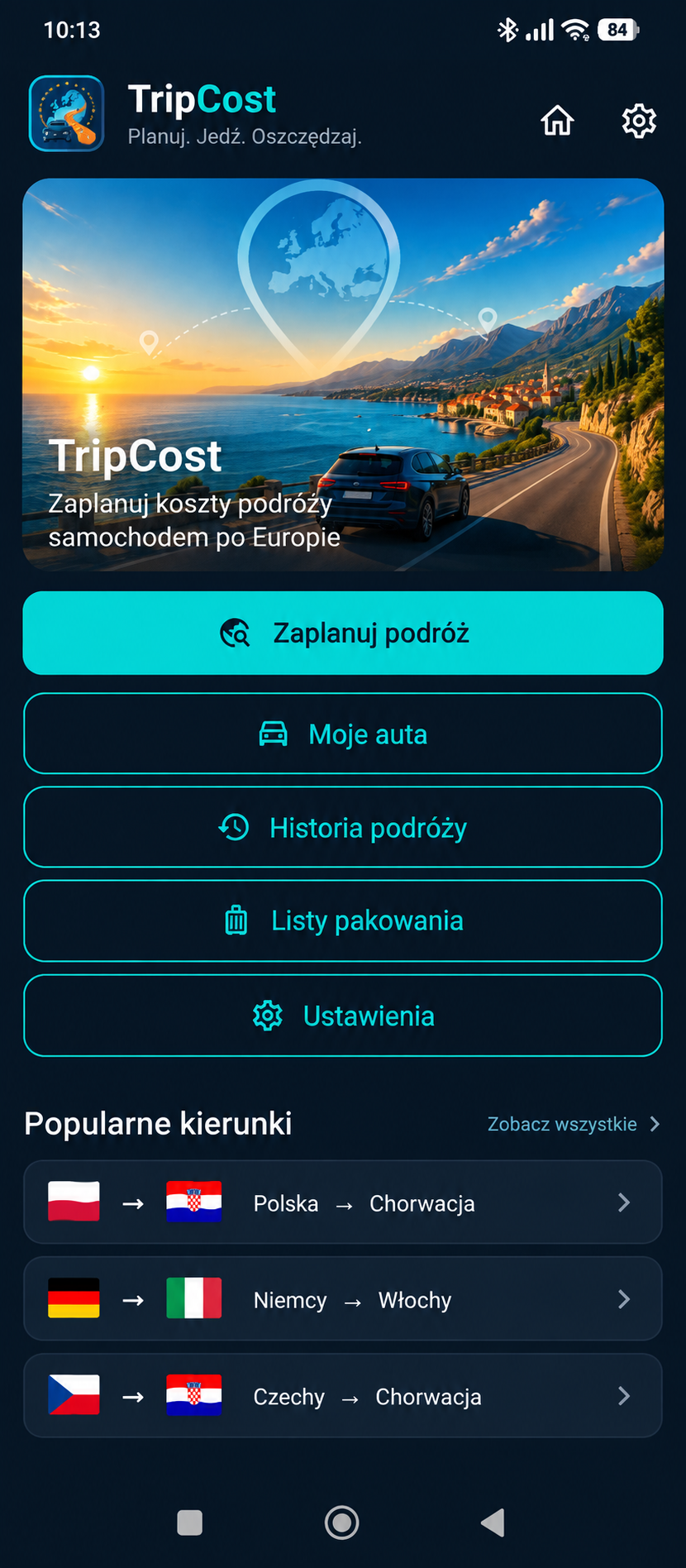Zrzut ekranu aplikacji TripCost