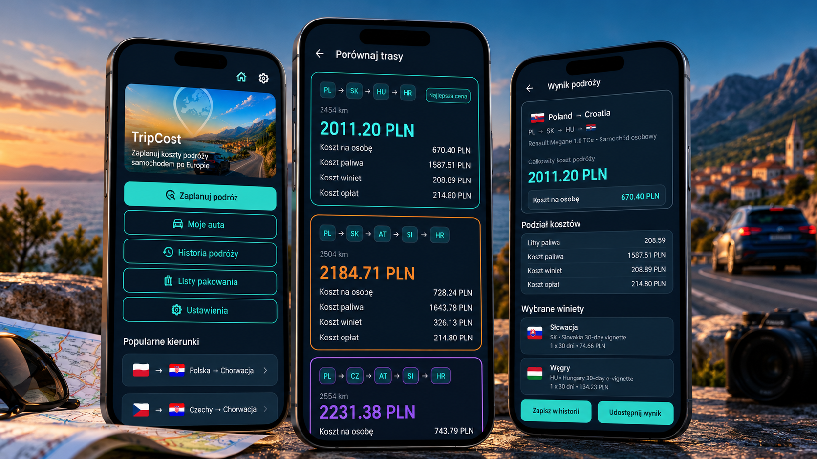 TripCost — zestawienie ekranów aplikacji mobilnej